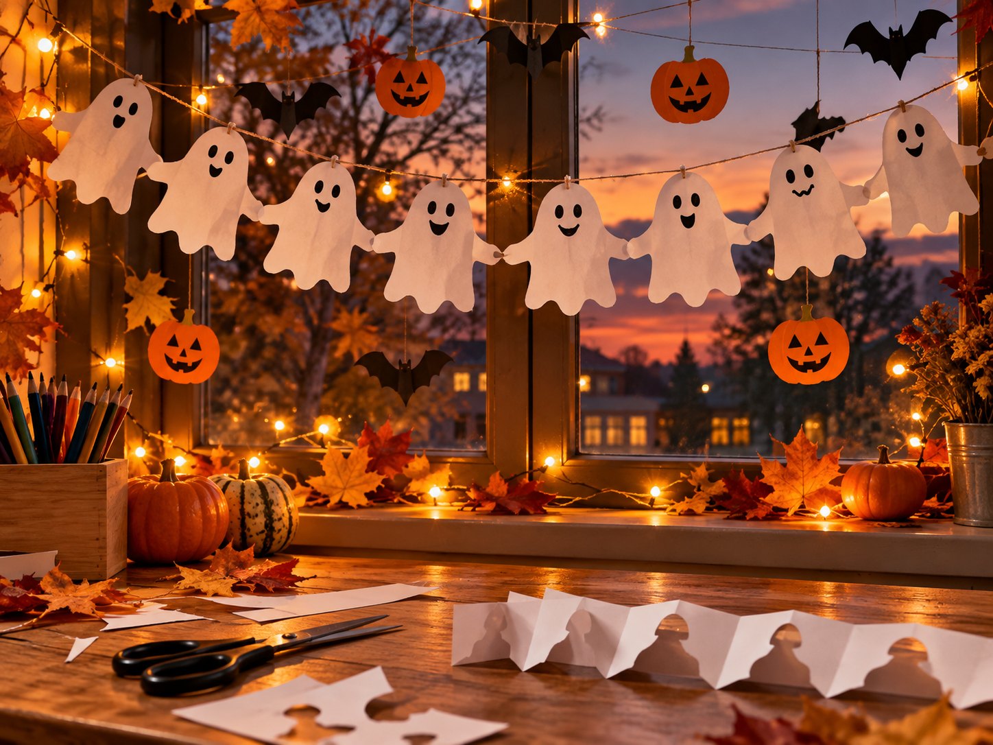 A paper ghost garland and paper pumpkins in a window at sunset