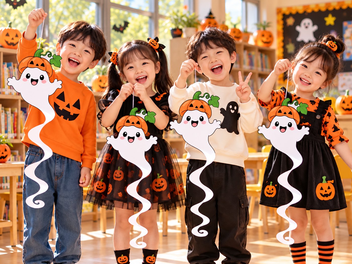 Kids holding spiral ghost hangers with pumpkin hats in a classroom decorated for Halloween