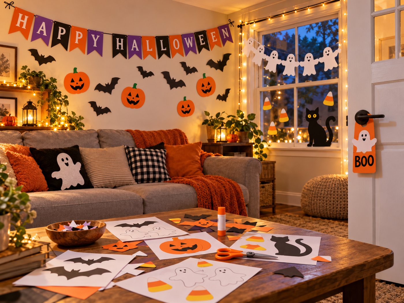 A living room decorated with printable paper Halloween decorations: banner, ghosts, bats, pumpkins, a black cat and a BOO door hanger