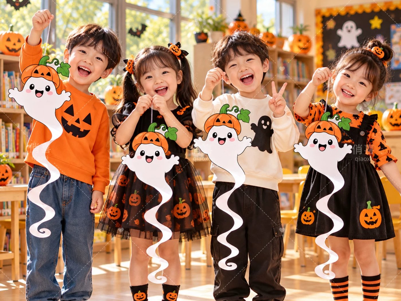 Spiral ghost hangers with pumpkin hats twirling in a classroom decorated for Halloween