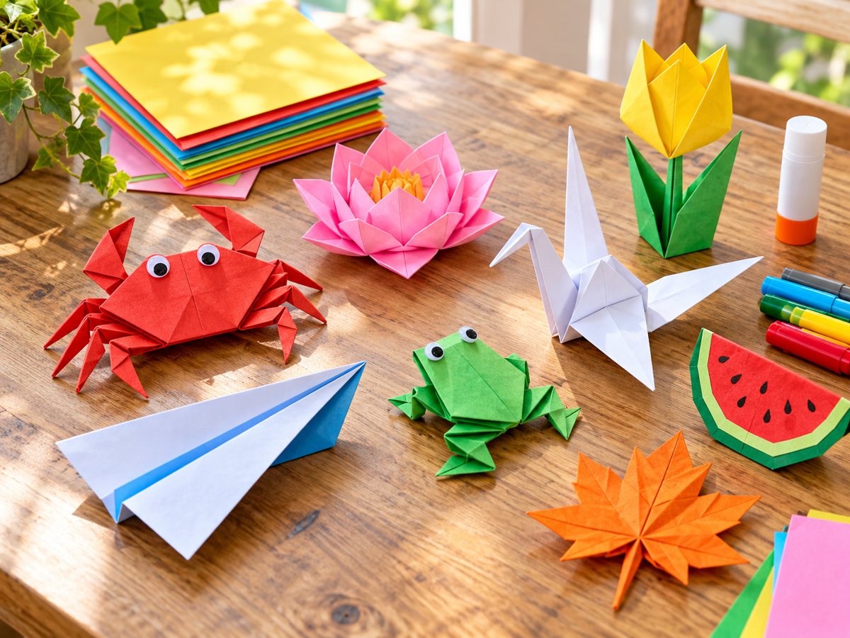 Colorful finished origami models: crab, lotus, crane, frog, tulip and more